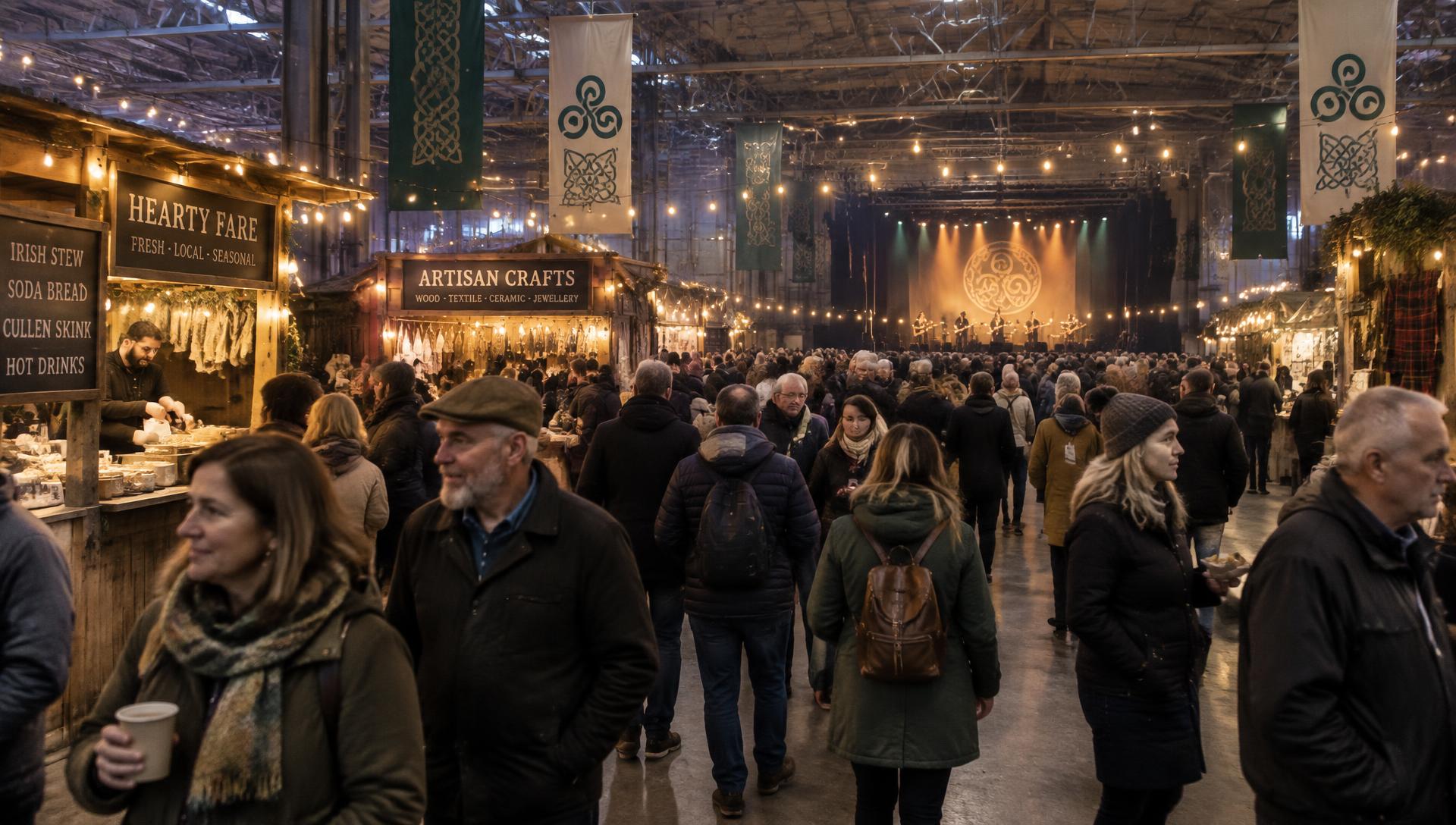 Crowds walking between wooden food and craft stalls under string lights inside a vast indoor hall, a lit stage glowing at the far end