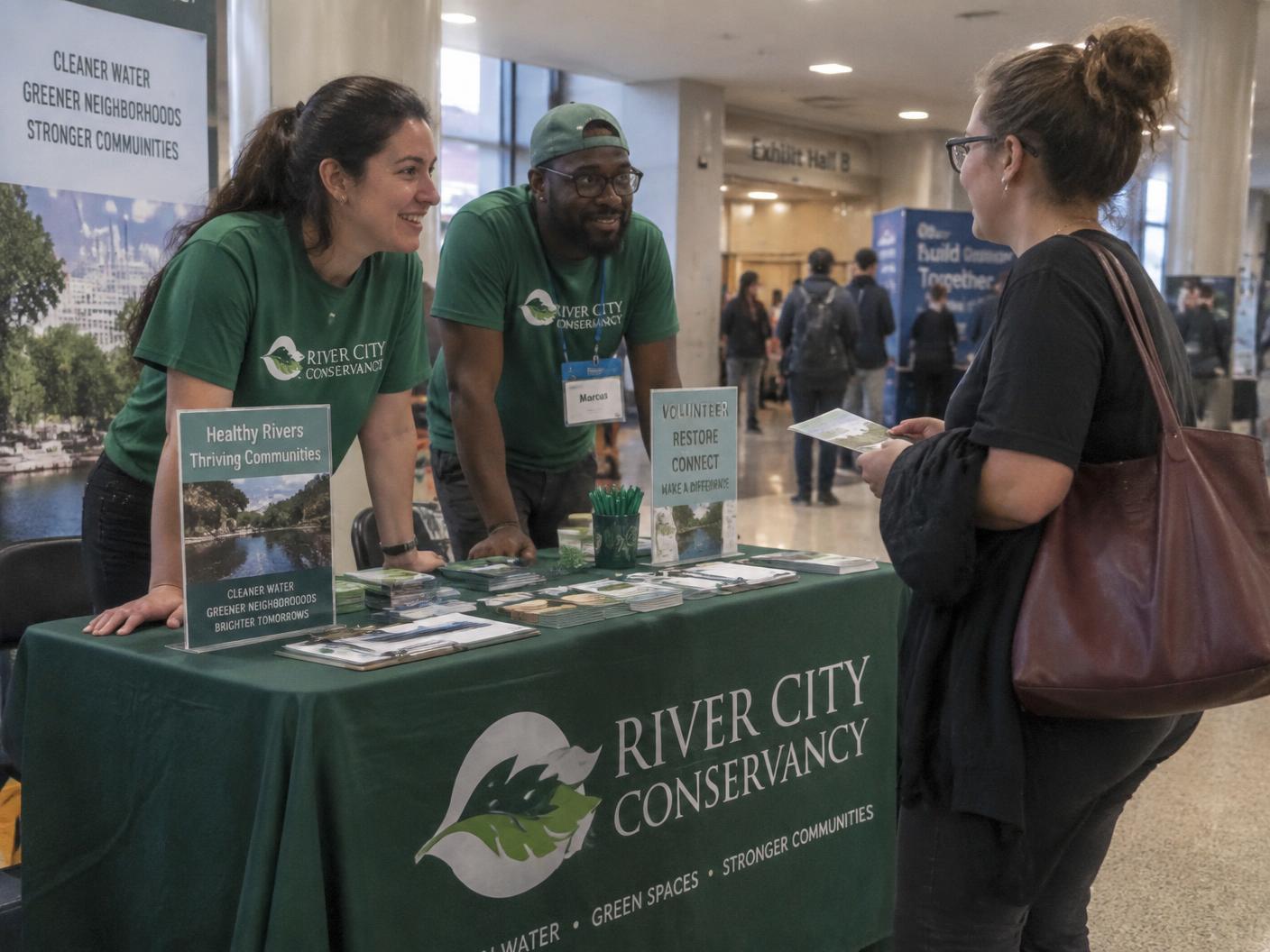 Two volunteers in green shirts leaning across a community group's table to talk with a visitor in an indoor concourse