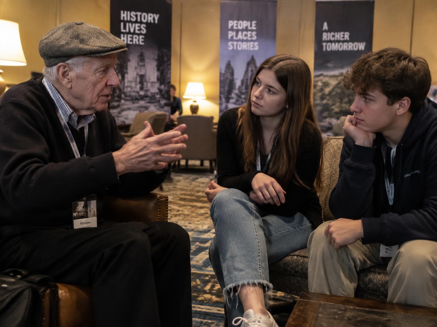 An older storyteller in a flat cap talking with his hands to two teenagers listening in an indoor lounge session