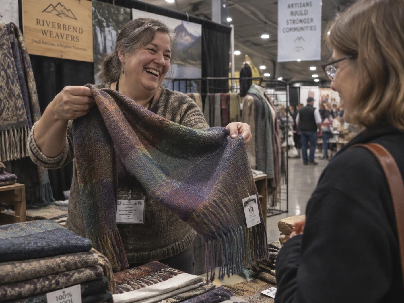 A weaver laughing as she holds up a hand-woven wool scarf for a customer at her indoor marketplace booth