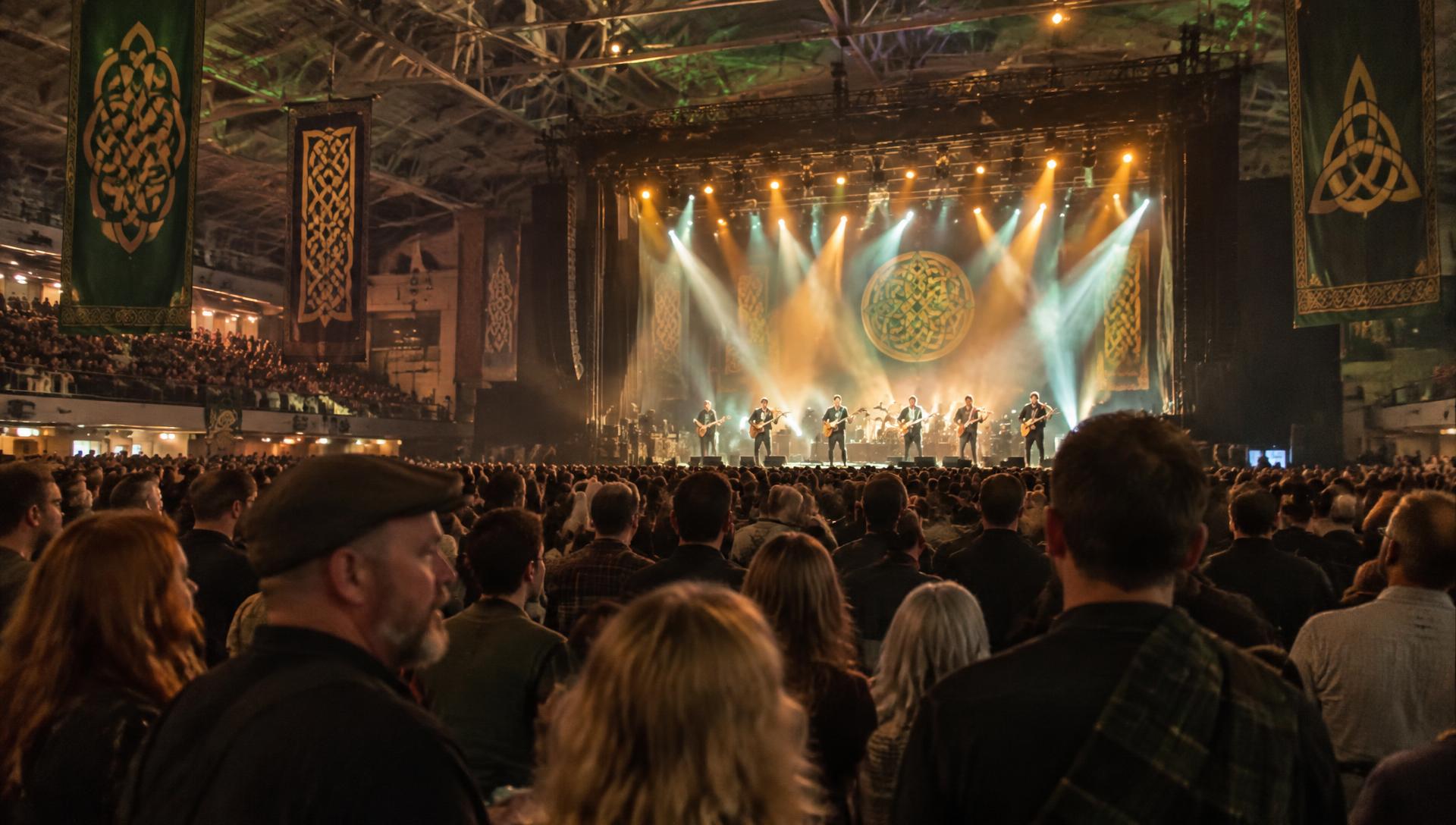 A packed indoor arena crowd facing a brightly lit stage, Celtic knot banners hanging from the roof trusses