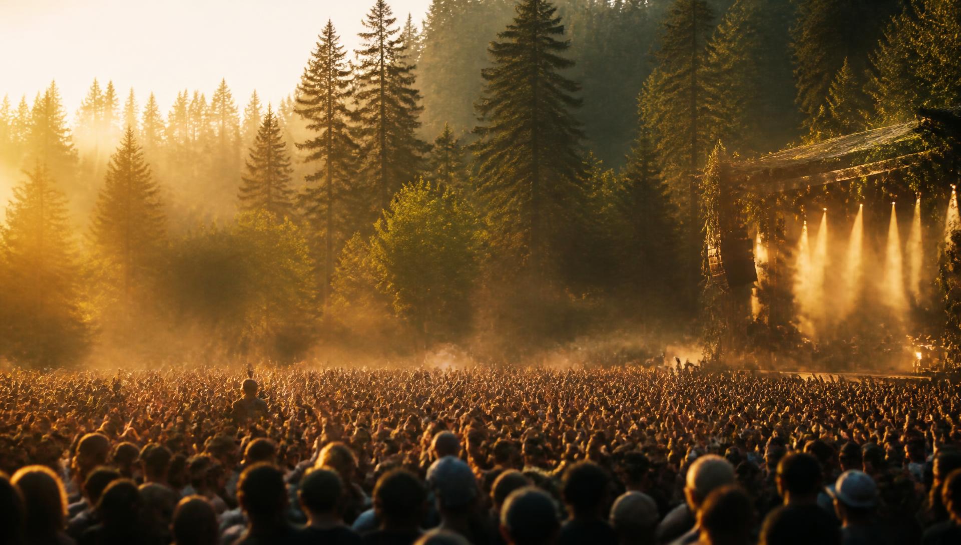 Festival crowd at golden hour in front of a forest stage